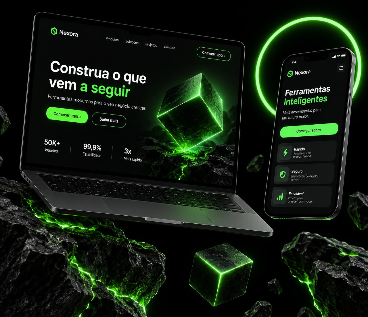 Composição de notebook e celular exibindo sites modernos com detalhes em verde